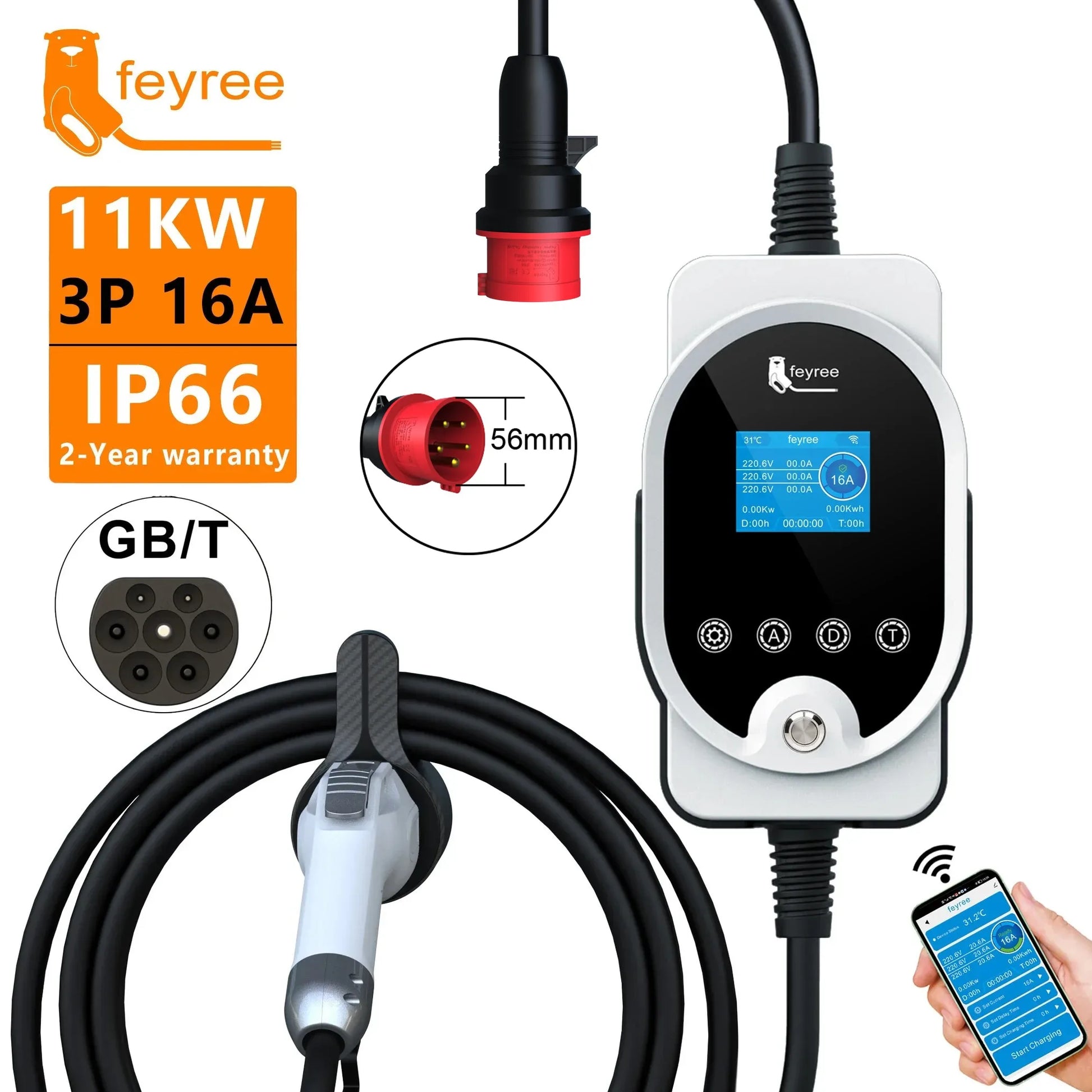 feyree GB/T Socket 11KW 16A 3Phase EV Charger EVSE Wallbox Smart APP Control EV Charging Station CEE Plug for Electric Vehicle by 54 Energy - Renewable Energy Store