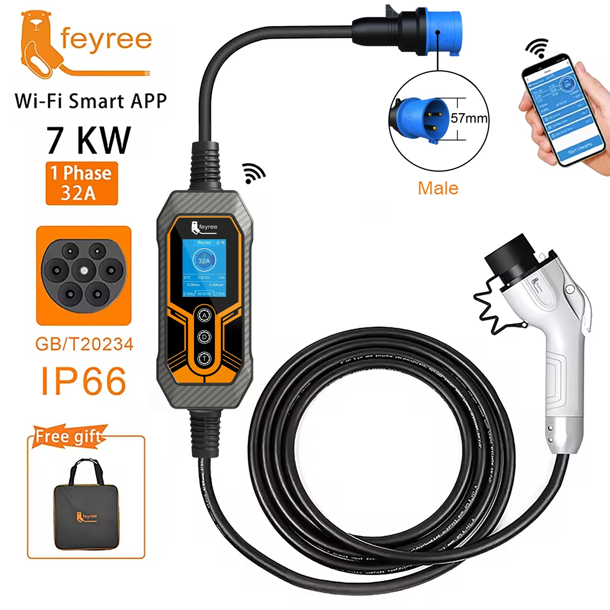 feyree GB/T Cord 32A 7KW 1Phase Smart APP WiFi Control Bluetooth Version by 54 Energy - Renewable Energy Store
