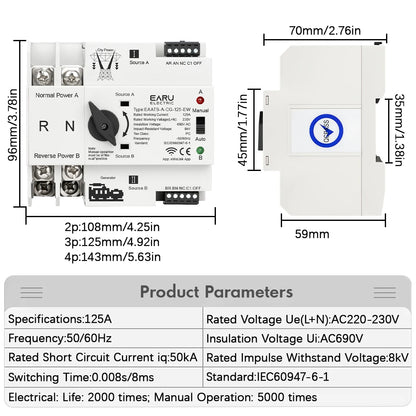 eWeLink WiFi Smart Remote Control 2/3/4P 125A AC 230V ATS Dual Power Automatic Transfer Electrical Selector Switch Uninterrupted