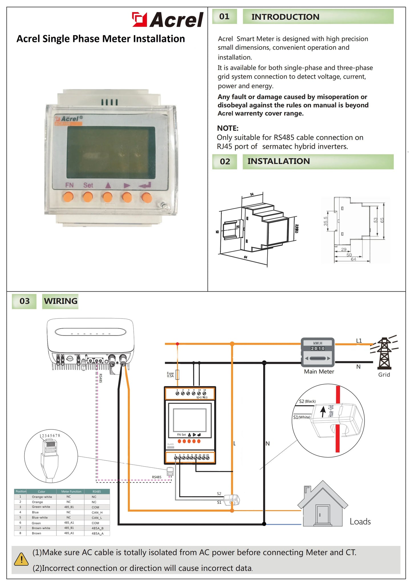 Acrel ACR10R-D16 Bidirectional Single Phase Energy Meter with 120A Split Core Ct RS485 Modbus-RTU for Solar Solis Inverter by 54 Energy - Renewable Energy Store
