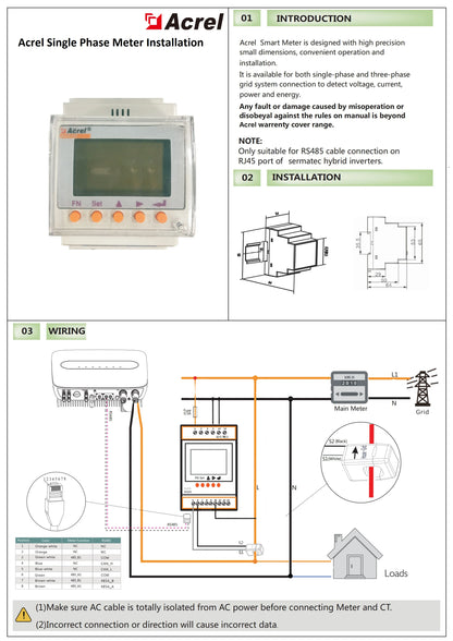 Acrel ACR10R-D16 Bidirectional Single Phase Energy Meter with 120A Split Core Ct RS485 Modbus-RTU for Solar Solis Inverter