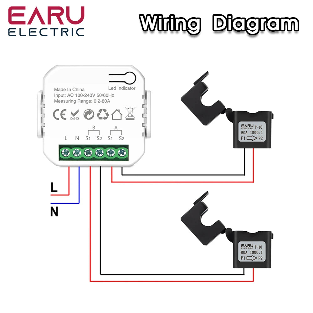 Tuya Smart WiFi Energy Meter with 1/2 CT Clamps for Solar PV System Power Production Consumption Bidirectional Monitoring Meter