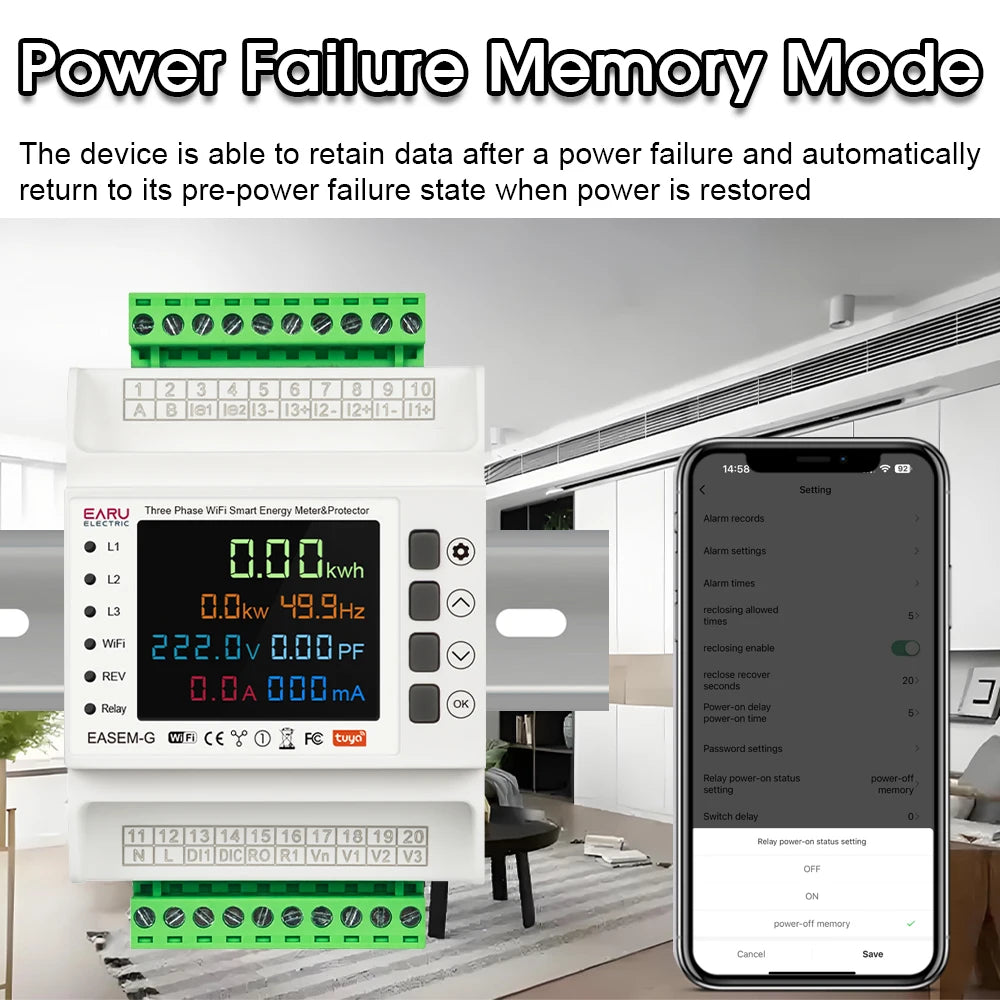 Three Phase Tuya WiFi Smart Bi-Directional Energy Meter with 3 CT Clamps Leakage Over Under Voltage Protector Relay Switch Limit