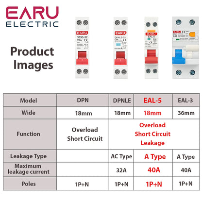 18MM 1P+N AC 230V Type A 6A-40A B C Curve RCBO MCB Residual Current Circuit Breaker Over Short Current 30mA Leakage Protection