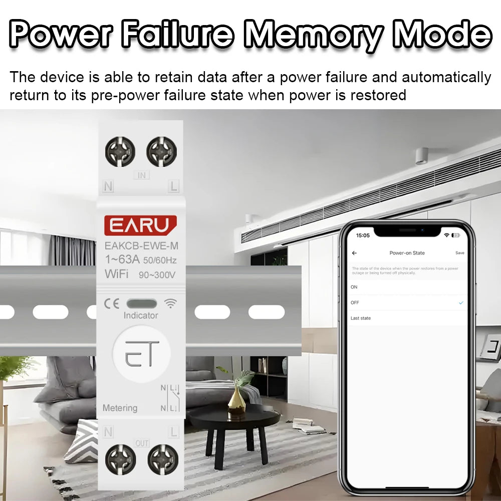 eWeLink WiFi Smart Circuit Breaker 1P+N 63A MCB Timer Relay Switch Energy Metering kWh Voltage Current Protector Remote Control