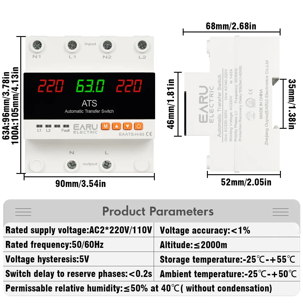 63A 100A 220V ATS Adjustable Over Under Voltage Current Protector Dual Power Conversion Automatic Transfer Switch Monitor Relay