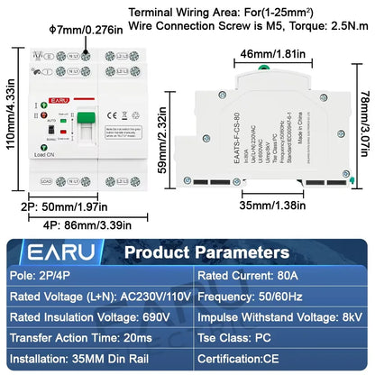 2P 4P 80A AC 230V 110V Mini ATS Solar PV Dual Power Automatic Transfer Switches Electrical Selector Switch Uninterrupted Power