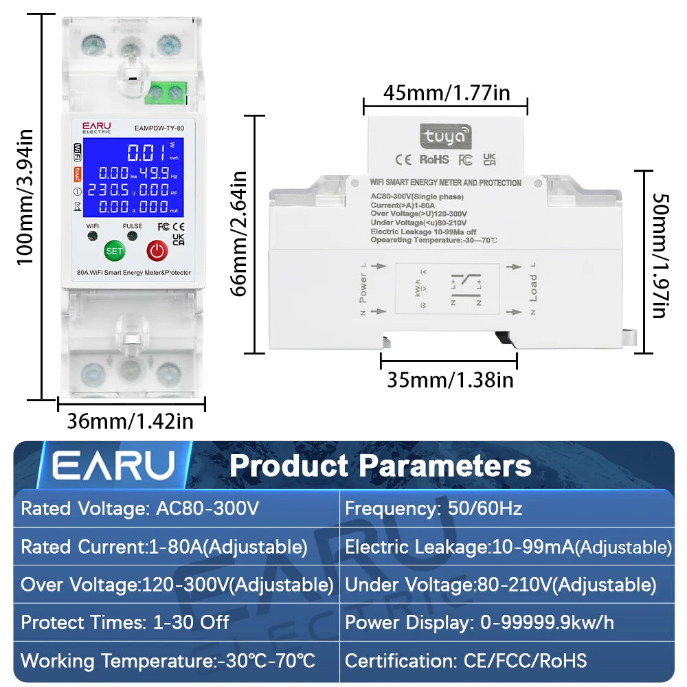 Tuya Smart WiFi Circuit Breaker Switch PV Bi-Directional Energy Meter Timer Measuring Earth Leakage Over Under Voltage Protector