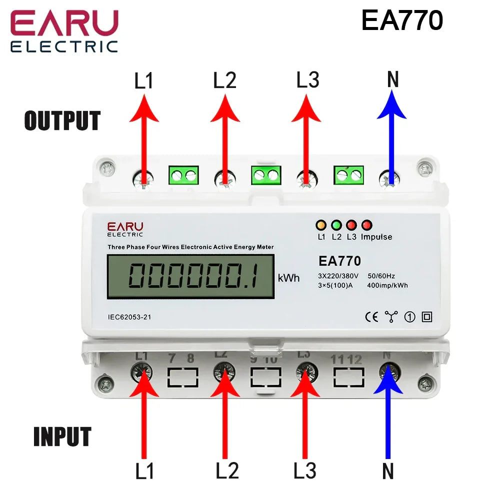 Three Phase Four Wires Eelectronic Active Energy Meter kWh Power Consumption Monitor DIN Rail 50/60Hz 3*5(100)A 50/60Hz  LCD LED