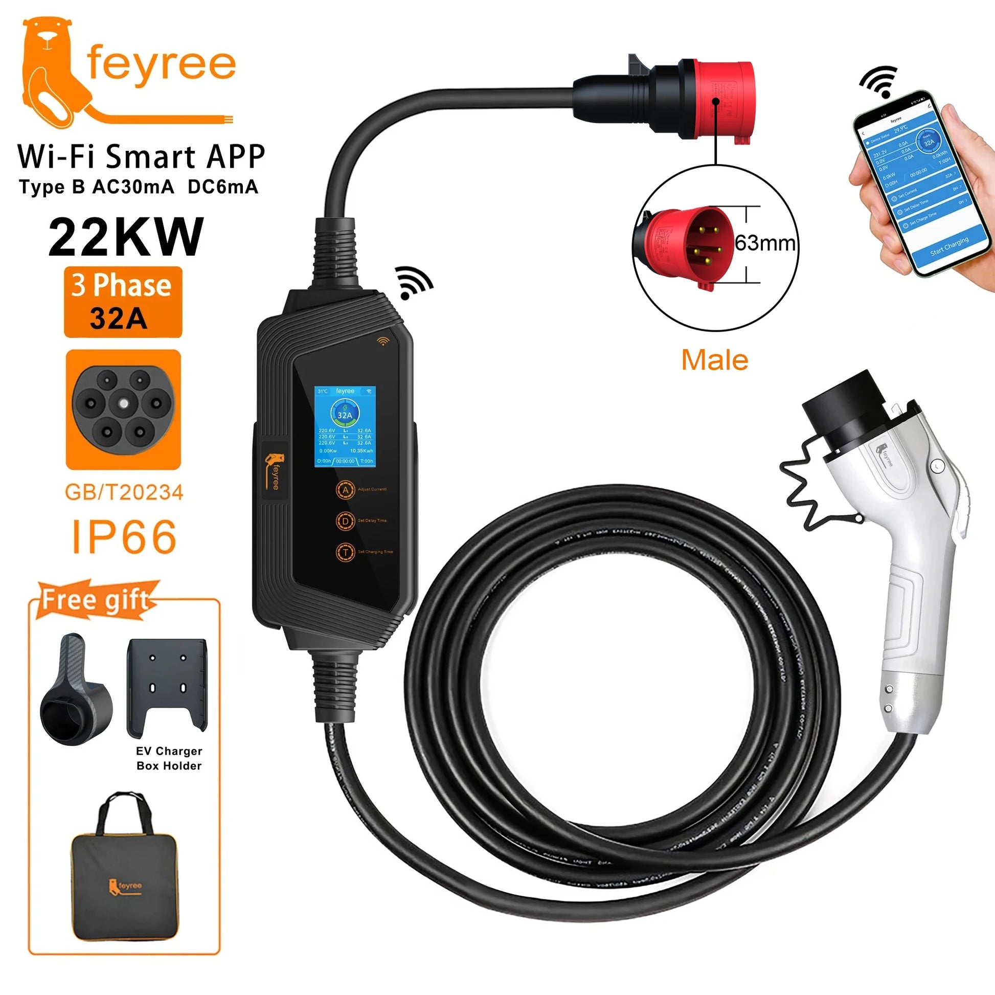 feyree Portable EV Charger GBT Plug Fast 22KW 32A 3Phase Adjusting Current Wi-Fi Smart APP Control Electric Car Charging Station by 54 Energy - Renewable Energy Store