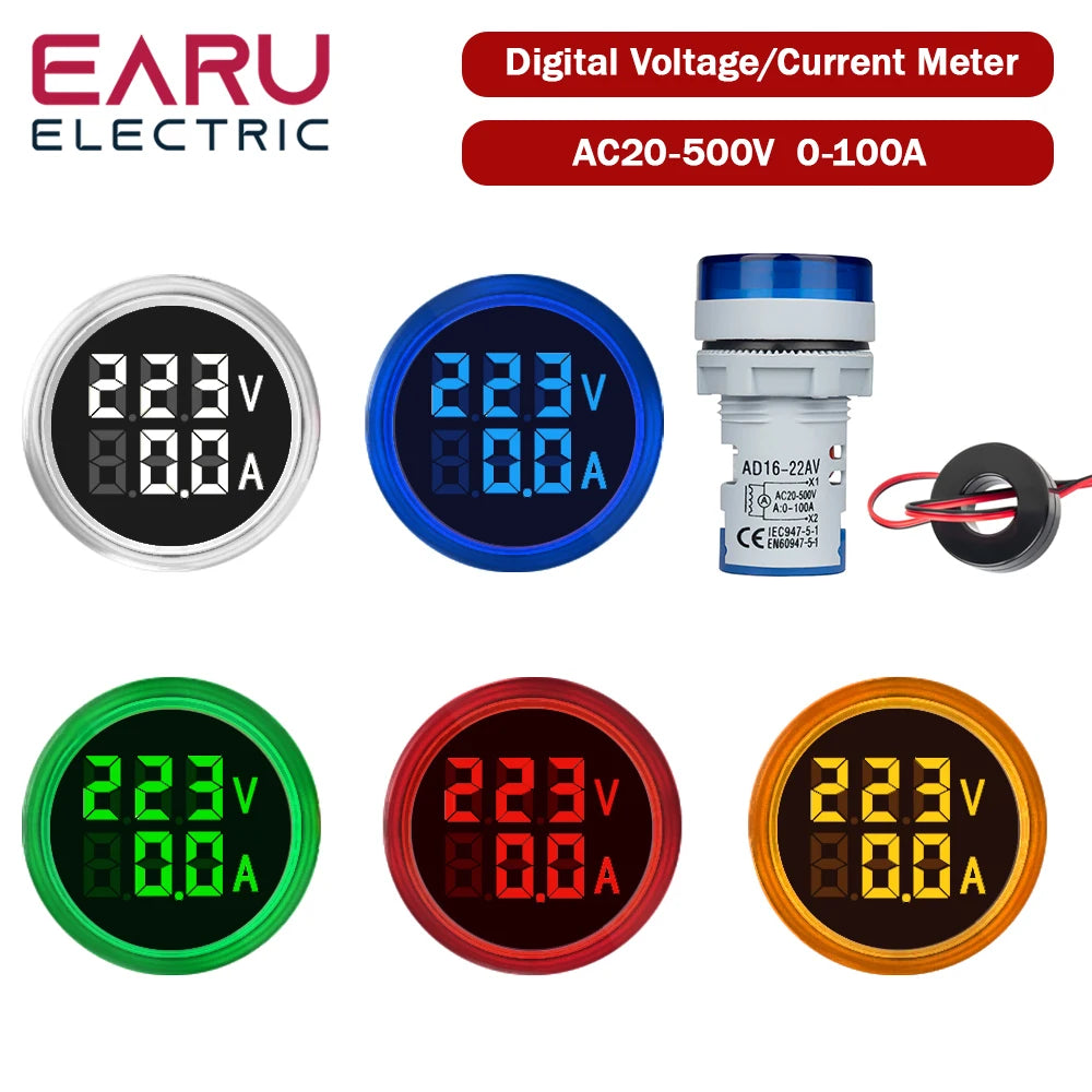 22MM Round LED Mini Digital Voltmeter Ammeter Meter AC 20-500V 0-100A Signal Lights Voltage Current Combo Meter Indicator Tester
