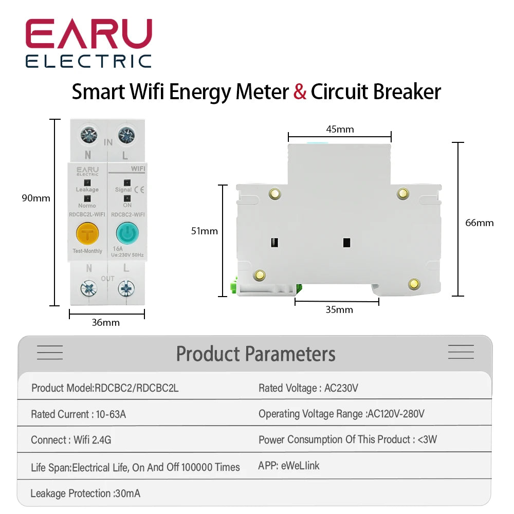 2P WIFI Circuit Breaker Energy Power kWh Meter Time Timer Switch Relay Voltmeter Current Leakage Protection RCBO Remote Control