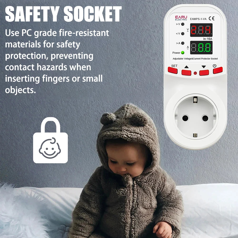 Automatic Voltage Surge Current Limiter Protector EU Socket Plug Adjustable 16A AC 230V 50/60Hz Power Energy Monitor kWh Meter