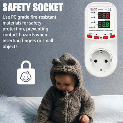 Automatic Voltage Surge Current Limiter Protector EU Socket Plug Adjustable 16A AC 230V 50/60Hz Power Energy Monitor kWh Meter