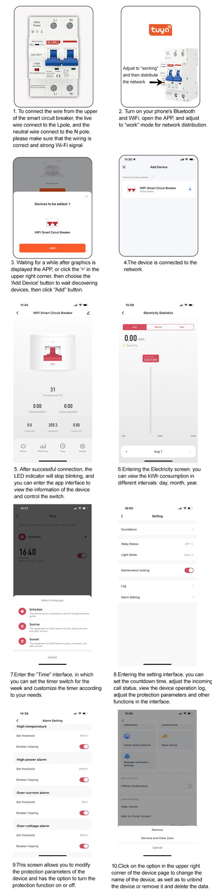 Tuya WiFi Smart Circuit Breaker MCB AC230V 1-80A Adjustable Energy Meter kWh Over Current Under Voltage Short Circuit Protection