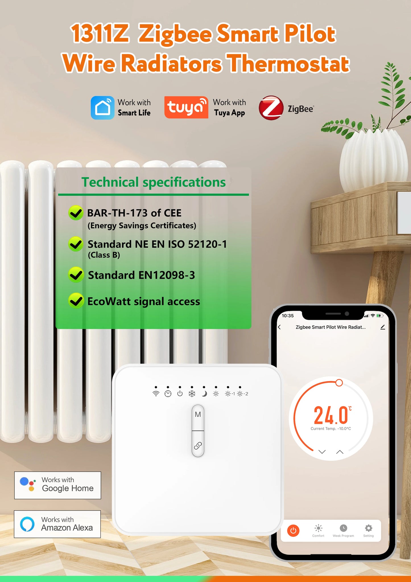 Tuya ZigBee Smart Thermostat For Pilot Wire Heating Radiator Support Ecowatt Electricity Monitoring Remote Control Alexa Google
