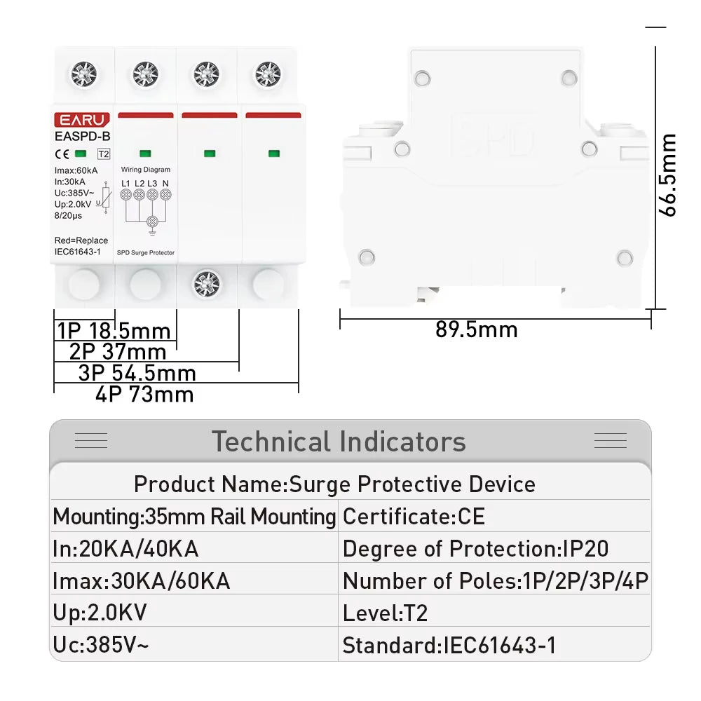 SPD AC 385V 1P 2P 3P 4P 20KA 30KA 40KA 60KA House Lightning Surge Protector Protective Solar PV Low-Voltage Arrester Device