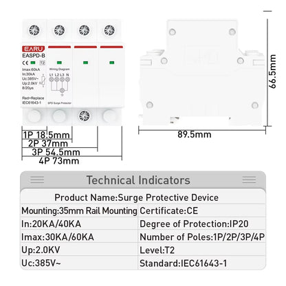 SPD AC 385V 1P 2P 3P 4P 20KA 30KA 40KA 60KA House Lightning Surge Protector Protective Solar PV Low-Voltage Arrester Device