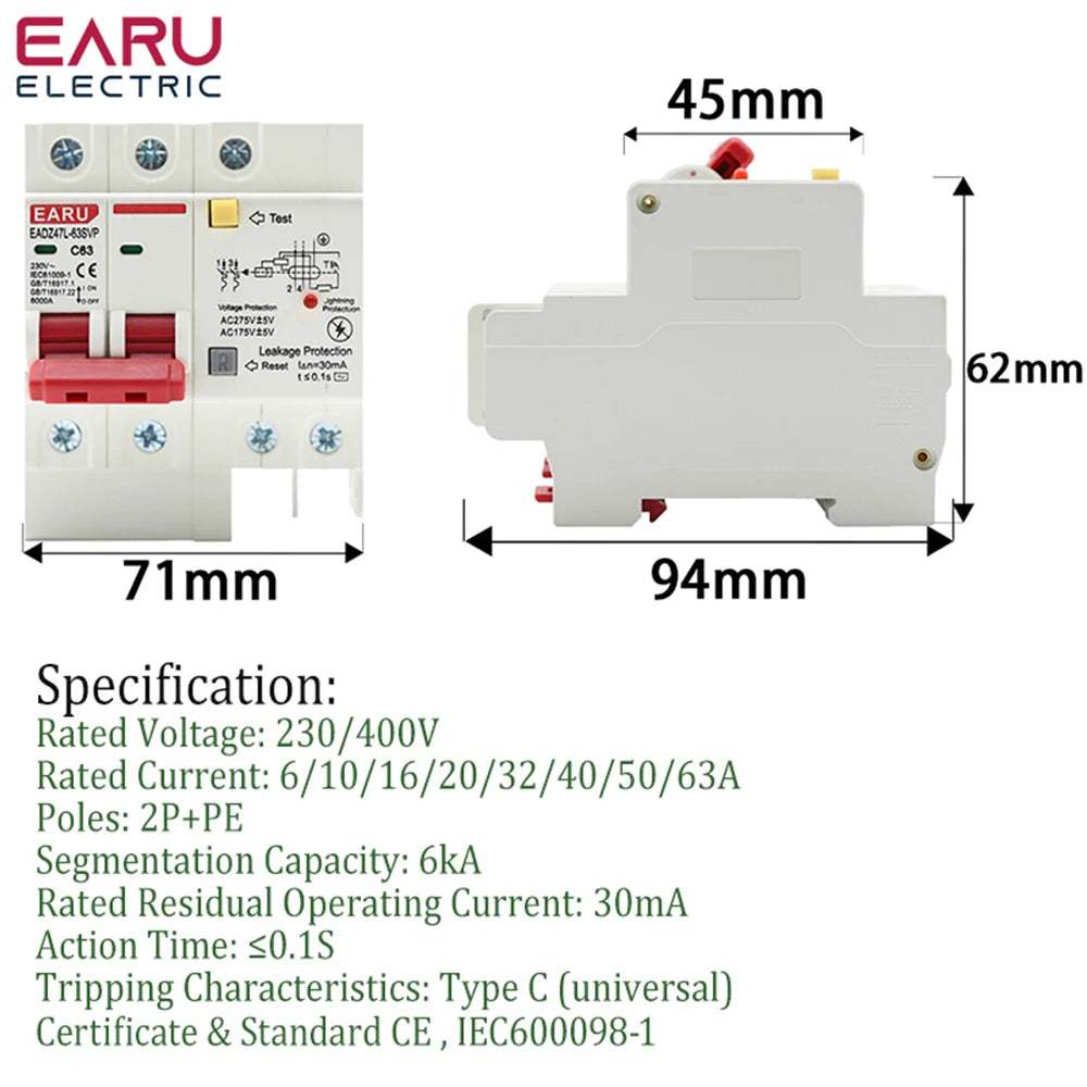 230V 2P SPD Residual Current Circuit Breaker With Overload Overvoltage RCBO RCCB With Lightning Protection MCB Leakage Protector