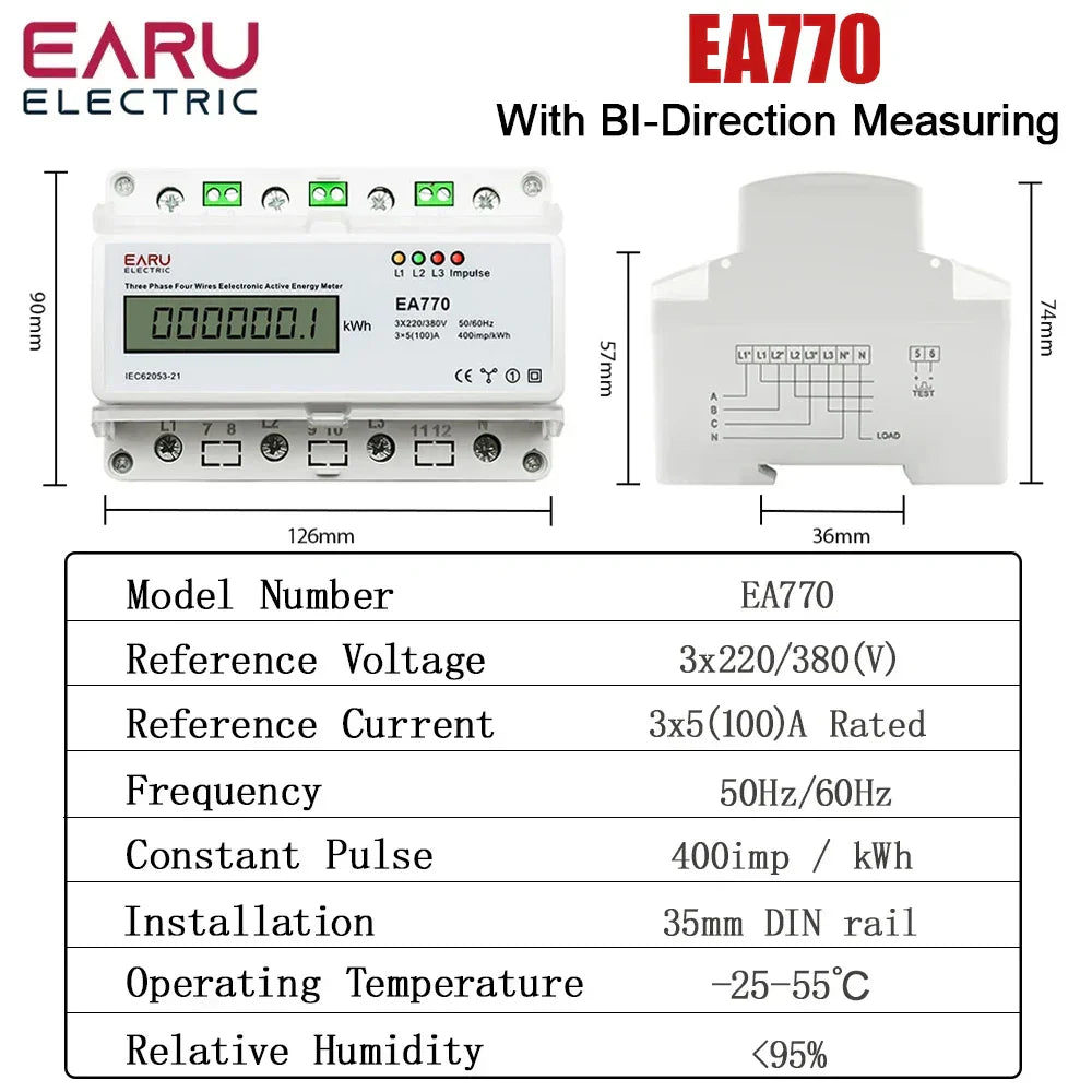 Three Phase Four Wires Eelectronic Active Energy Meter kWh Power Consumption Monitor DIN Rail 50/60Hz 3*5(100)A 50/60Hz  LCD LED