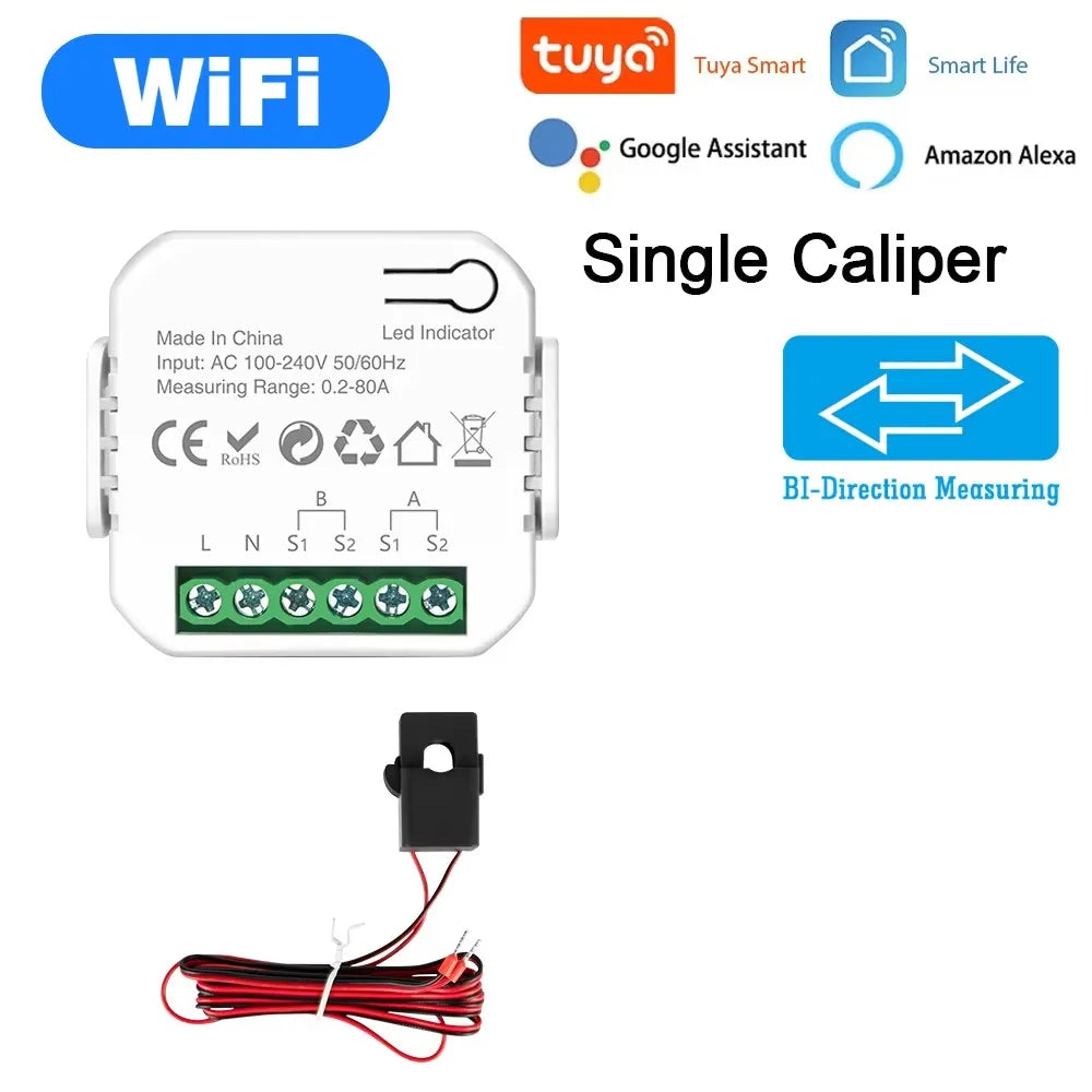 Tuya Smart WiFi Energy Meter with 1/2 CT Clamps for Solar PV System Power Production Consumption Bidirectional Monitoring Meter
