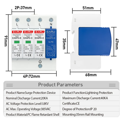 AC SPD 1P+NPE 3P+NPE 50KA T1 T2 385V 275V House Lightning Surge Protector Protective Solar Low-Voltage Arrester Device Din Rail