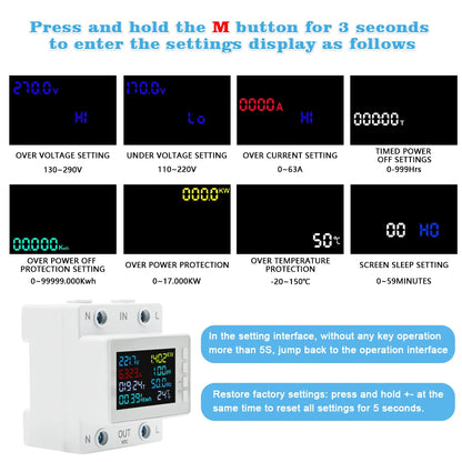 TUYA WiFi Smart Power Meter Over Under Voltage Protection Relay Switch Circuit Breaker Energy kWh Temperature Meter Smart Life