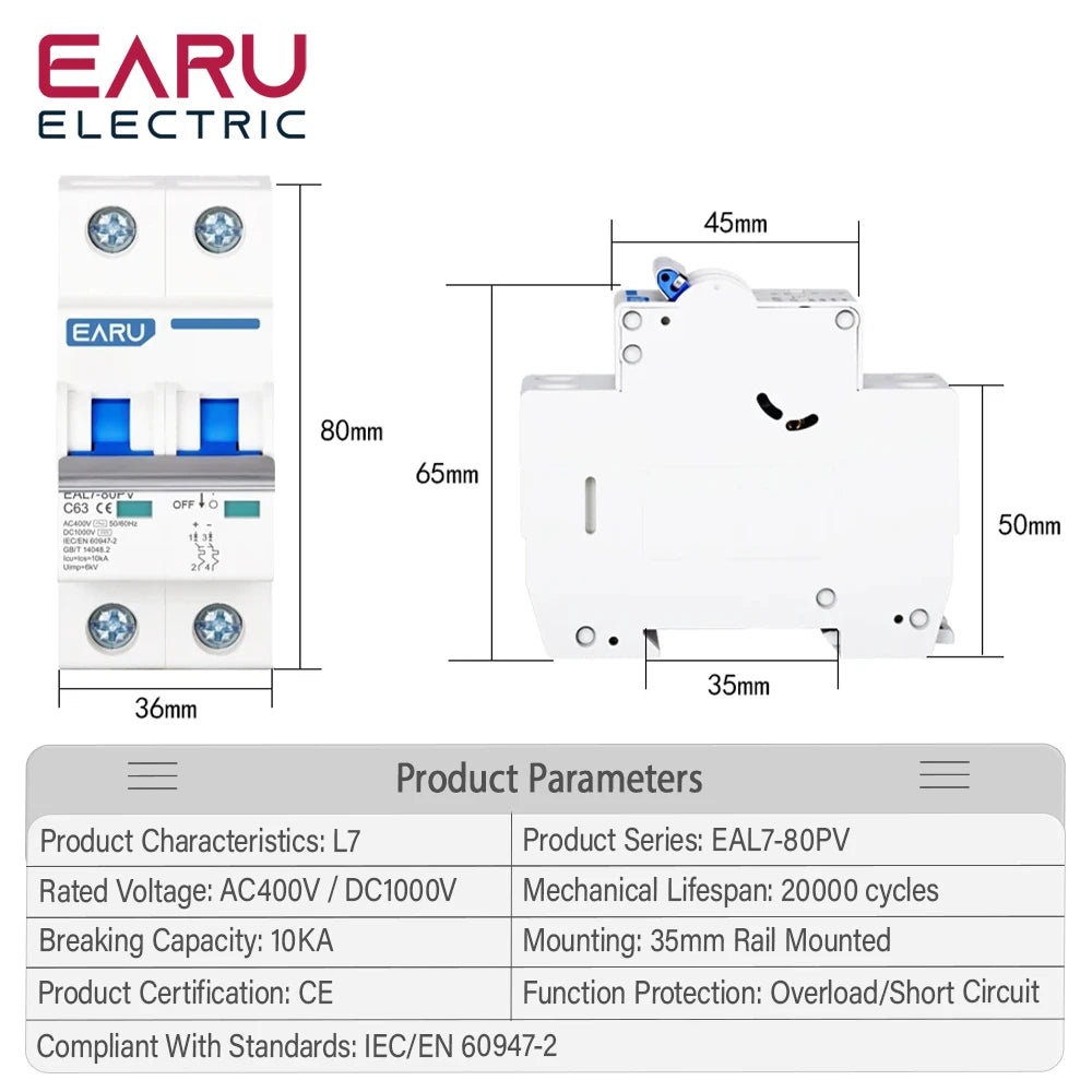 2P DC 1000V AC 400V MCB Solar PV Mini Circuit Breaker 6A-80A Overload Protection Short Circuit Protection  Switch Photovoltaic