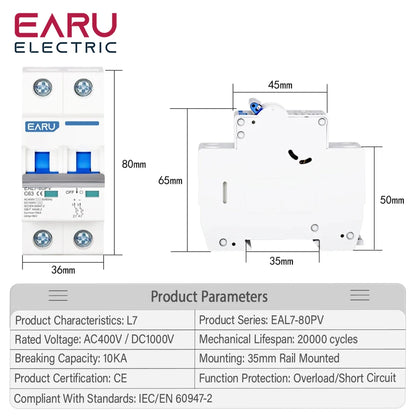 2P DC 1000V AC 400V MCB Solar PV Mini Circuit Breaker 6A-80A Overload Protection Short Circuit Protection  Switch Photovoltaic