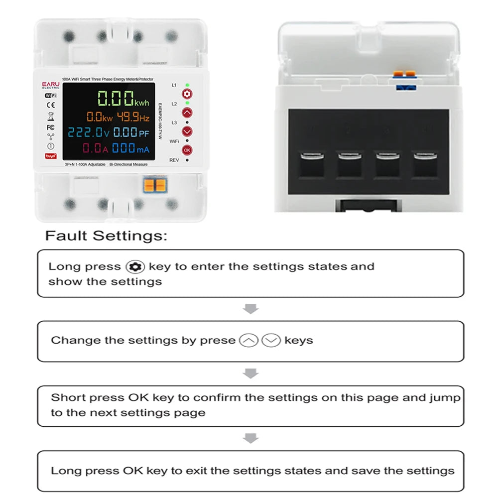 Three Phase Tuya WiFi Smart Bidirectional Energy Power kWh Meter Leakage Over Under Voltage Protector Relay Switch Current Limit