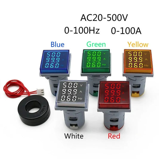 Square LED Digital Voltmeter Ammeter Hertz Meter AC20-500V Signal Lights Voltage Current Frequency Combo Meter Indicator Tester