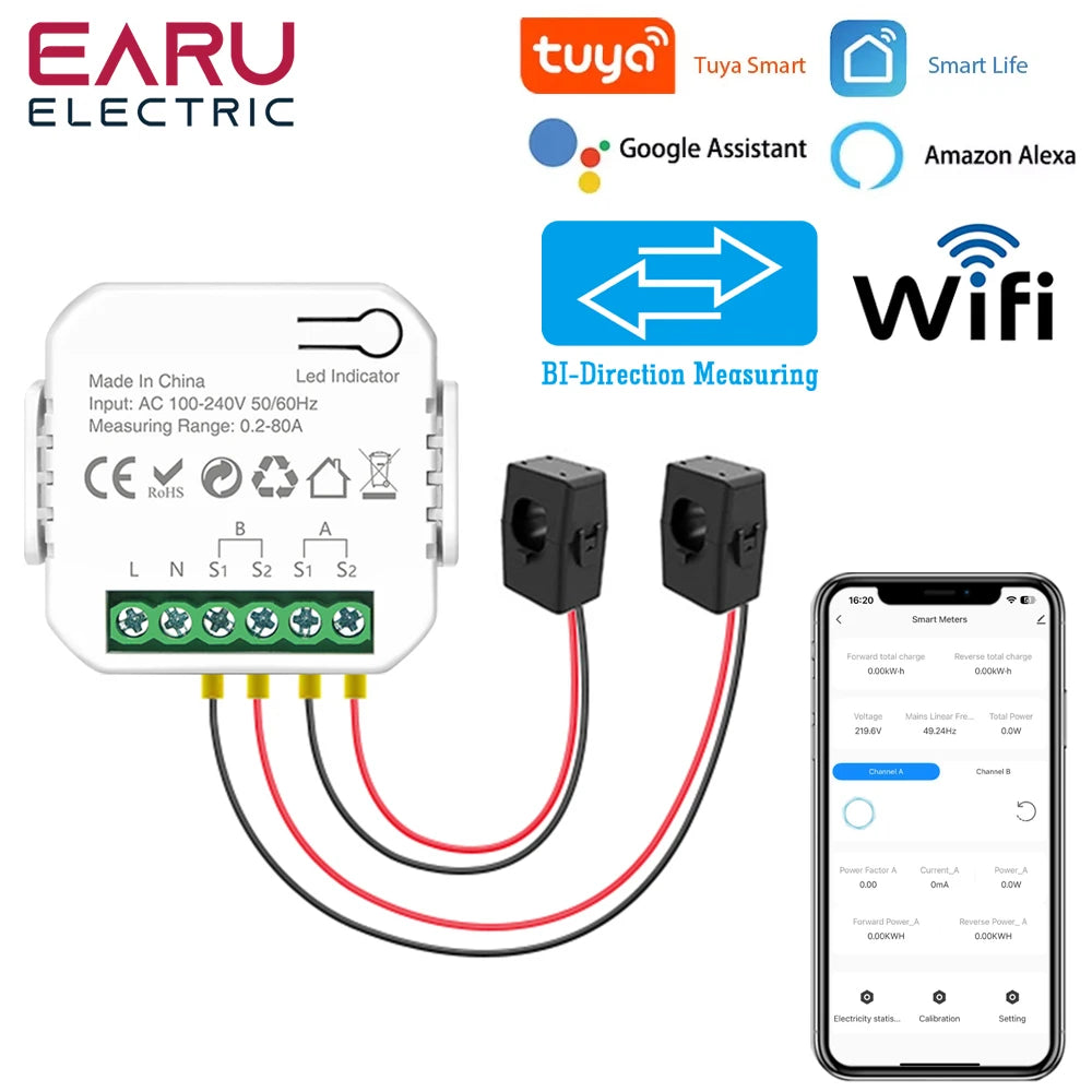 Tuya Smart WiFi Energy Meter with 1/2 CT Clamps for Solar PV System Power Production Consumption Bidirectional Monitoring Meter