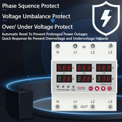 Three Phase Voltage Current Adjustable Over Under Voltage Current Limit Protection Relay Protector 3*220V 380V 63A 100A Din Rail