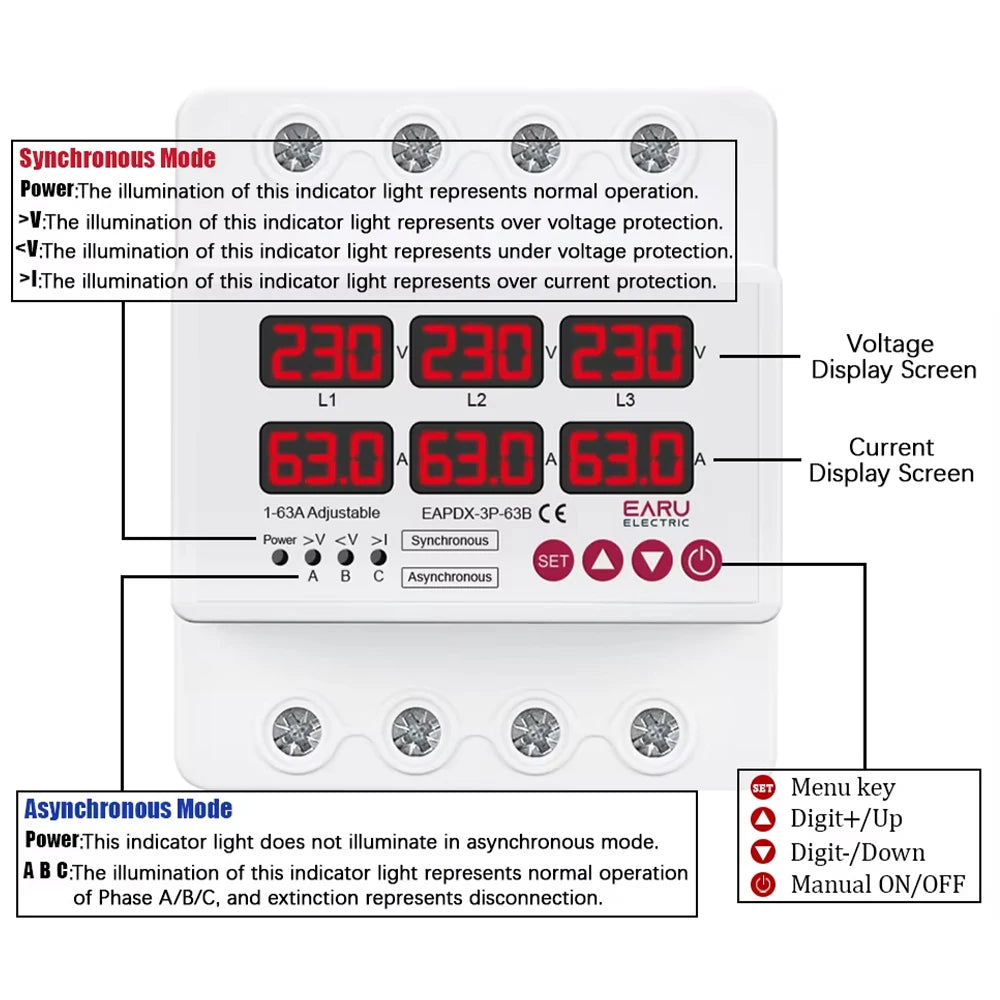 Three Phase Voltage Current Adjustable Over Under Voltage Current Limit Protection Relay Protector 63A 100A with Automatic Reset