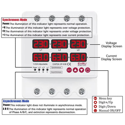 Three Phase Voltage Current Adjustable Over Under Voltage Current Limit Protection Relay Protector 63A 100A with Automatic Reset