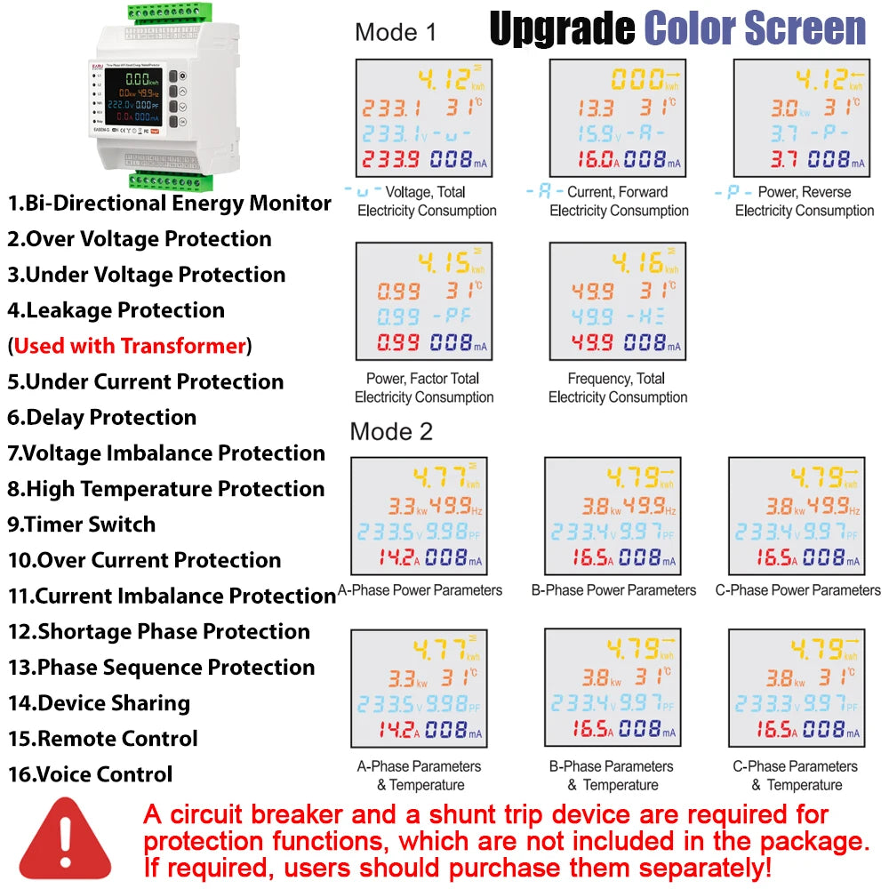 Three Phase Tuya WiFi Smart Bi-Directional Energy Meter with 3 CT Clamps Leakage Over Under Voltage Protector Relay Switch Limit
