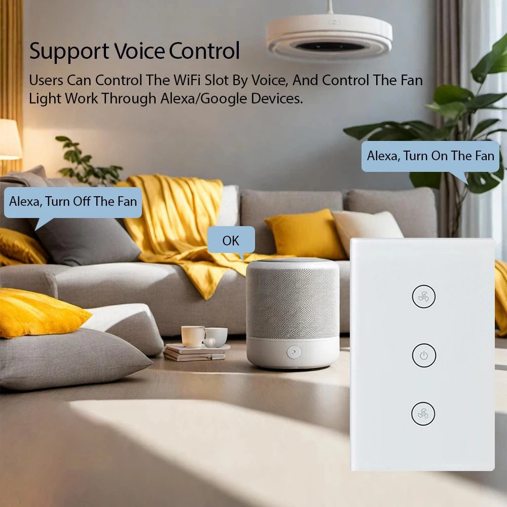 EU US WiFi Smart Fan Motor Speed Controller Glass Panel Wall Touch Switch Timer Remote Control Smart Life Tuya Alexa Google Home