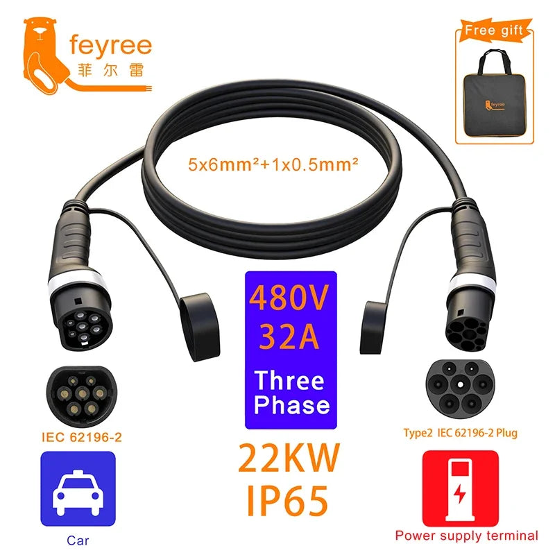 feyree EV Charger Type2 to Type2 Charging Cable 32A 7KW 1Phase 16A 3.5KW 11KW 22KW 3Phase Charger Station for Electric Vehicle by 54 Energy - Renewable Energy Store
