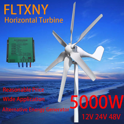 China 5000W 6 Blades New Energy Horizontal Wind Turbine Generator 12v 24v 48v Homeuse Low Noise Small Windmill