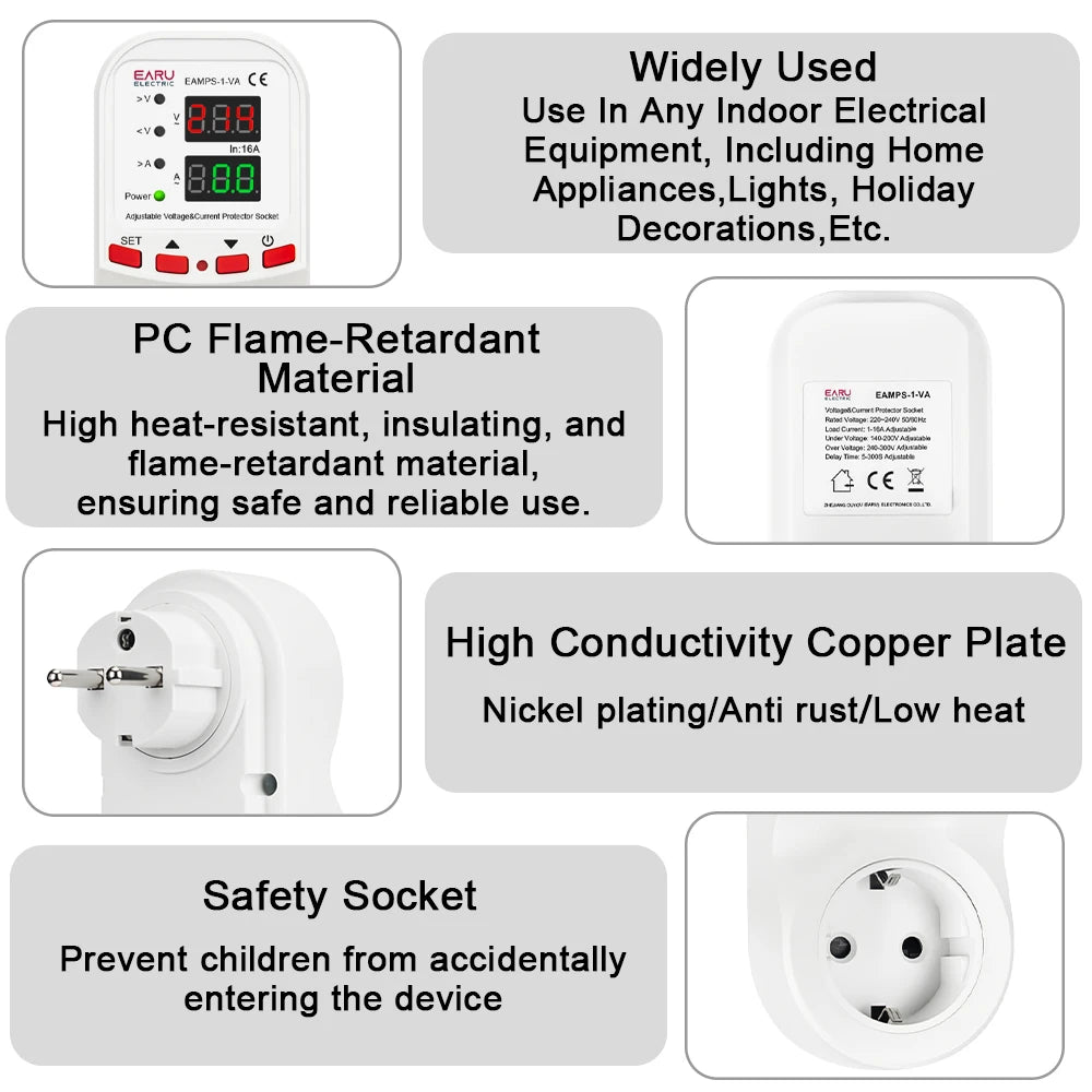Automatic Voltage Surge Current Limiter Protector EU Socket Plug Adjustable 16A AC 230V 50/60Hz Power Energy Monitor kWh Meter