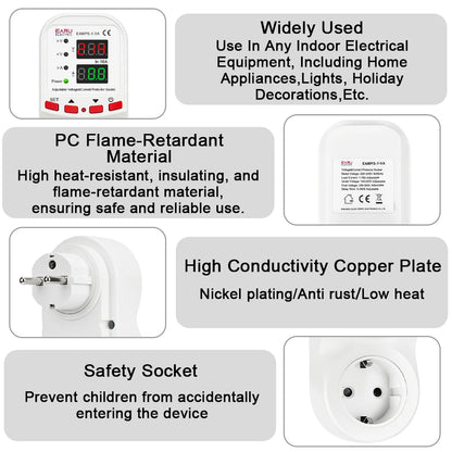 Automatic Voltage Surge Current Limiter Protector EU Socket Plug Adjustable 16A AC 230V 50/60Hz Power Energy Monitor kWh Meter