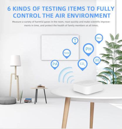 Tuya WiFi Smart Air Housekeeper PM2.5 Formaldehyde VOC CO2 Temperature Humidity 6 In 1 Smart Air Box Sensor Automation Alarm