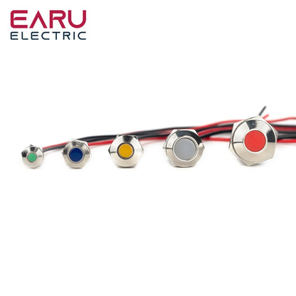 6mm 8mm 10mm 12mm 14mm Warning LED Metal Indicator Light Pilot Wires Switch Waterproof IP65 Signal Lamp 5/12/24/220V Red Green