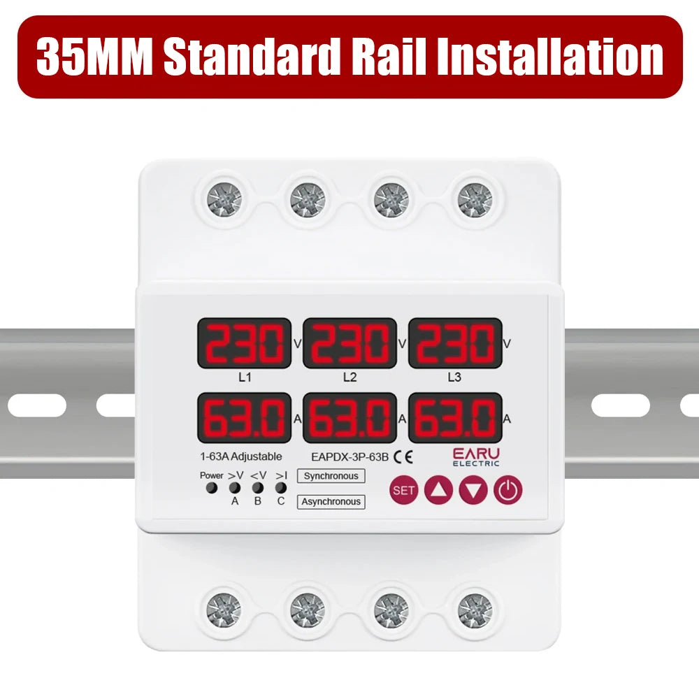 Three Phase Voltage Current Adjustable Over Under Voltage Current Limit Protection Relay Protector 63A 100A with Automatic Reset