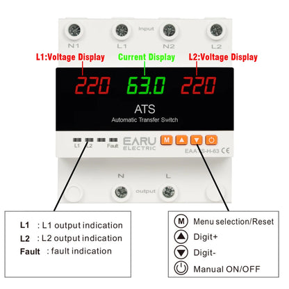 63A 100A 220V ATS Adjustable Over Under Voltage Current Protector Dual Power Conversion Automatic Transfer Switch Monitor Relay