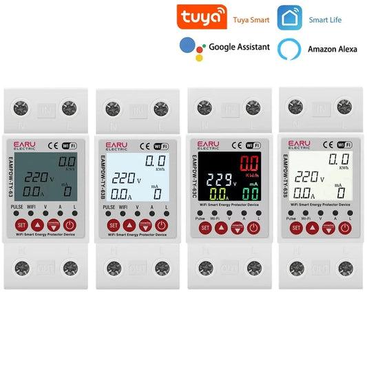 2P 63A 230V Tuya WiFi Smart Energy Meter Power kWh Meter Earth Leakage Over Under Voltage Protector Relay Device Switch Breaker