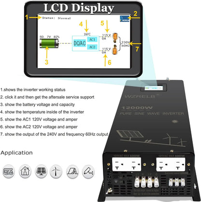 12000W Split-phase Pure Sine Wave Solar Inverter Power Supply Battery Bank 24V/36V/48V/96V DC to 110/220V,120/240V AC Converter