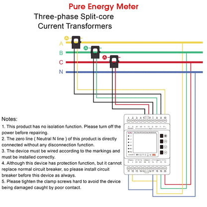 Three Phase Tuya WiFi Smart Bi-Directional Energy Meter with 3 CT Clamps Leakage Over Under Voltage Protector Relay Switch Limit