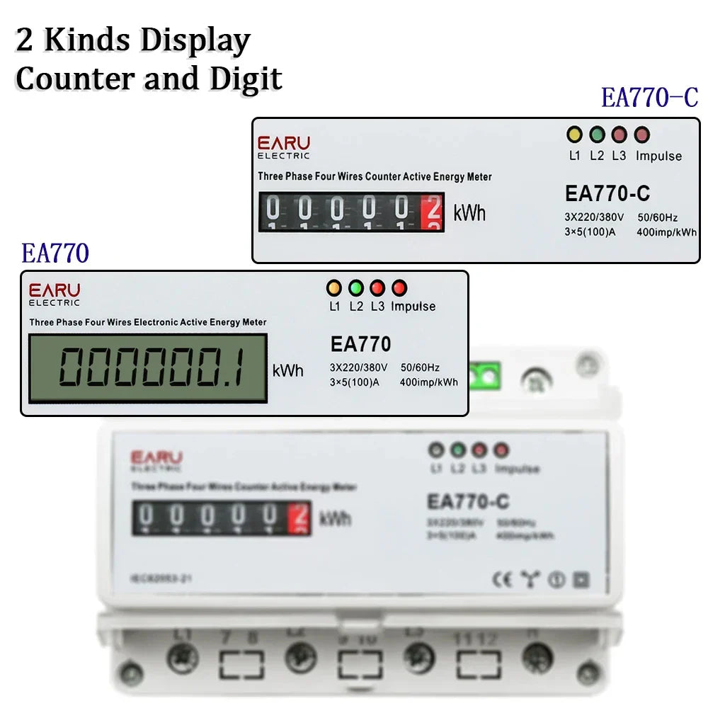 Three Phase Four Wires Eelectronic Active Energy Meter kWh Power Consumption Monitor DIN Rail 50/60Hz 3*5(100)A 50/60Hz  LCD LED