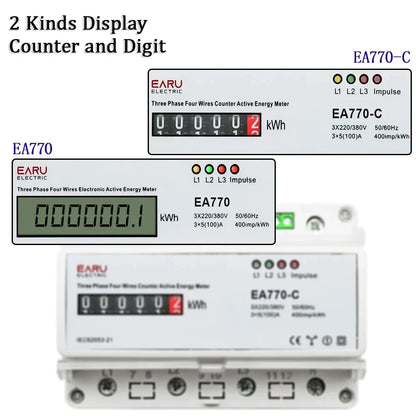 Three Phase Four Wires Eelectronic Active Energy Meter kWh Power Consumption Monitor DIN Rail 50/60Hz 3*5(100)A 50/60Hz  LCD LED